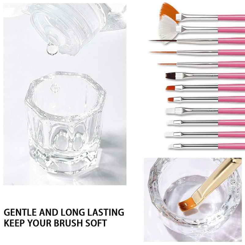 AIJIMEI Nail Brush Cleaner Restorer Nail Brush Cleaner Solution Clean Manicure Brushes Set A with Glass Cup & Cleaning Cotton Pads for Nail Art Gel Polish Painting Brushes 58ml