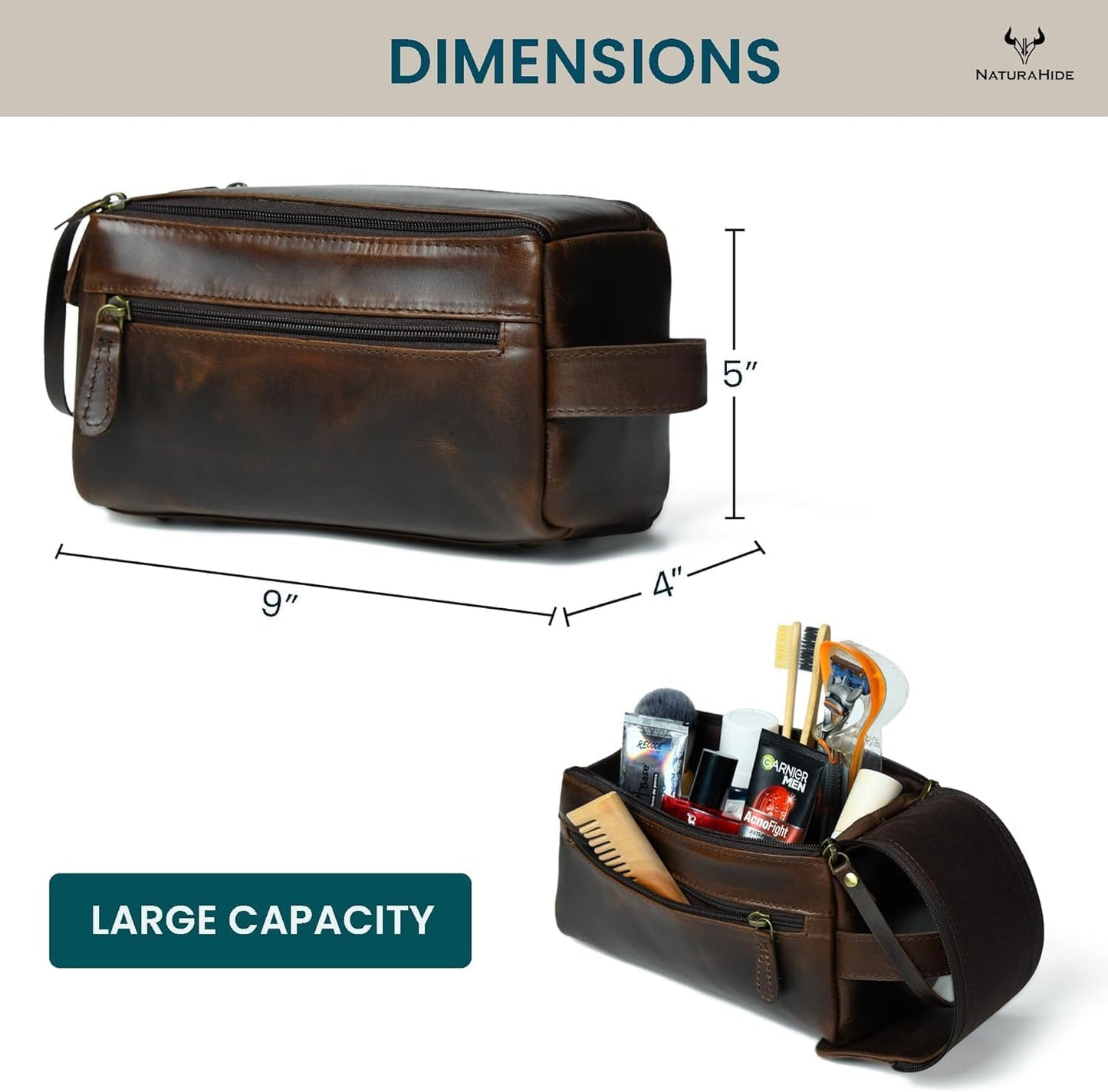 Leather Toiletry Bag for Men - Handmade Travel Kit with Durable Waxed Canvas Lining | Small Brown Shaving Organizer
