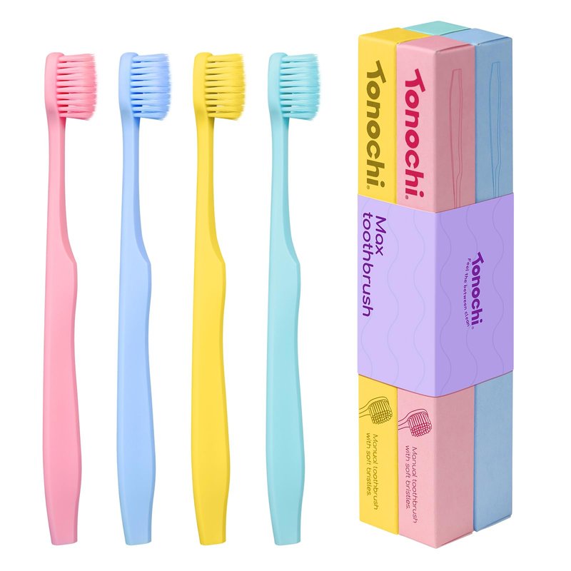 Tonochi Max Extra Soft Toothbrush for Adults with Sensitive Gums, Soft Bristle Toothbrushes, Wide Head for Back Teeth, Ergonomic Non-Slip Grip, BPA Free, Individually Wrapped, 4 Pack, Macaron Set