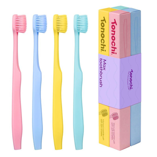 Tonochi Max Extra Soft Toothbrush for Adults with Sensitive Gums, Soft Bristle Toothbrushes, Wide Head for Back Teeth, Ergonomic Non-Slip Grip, BPA Free, Individually Wrapped, 4 Pack, Macaron Set