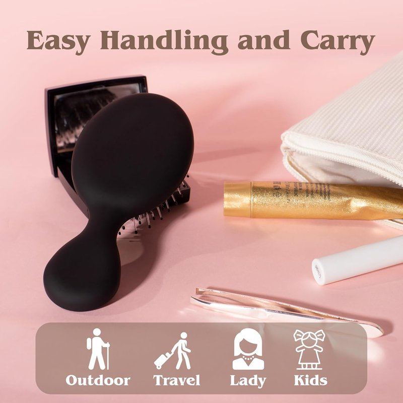 Mini Boar Bristle Hair Brush - Small Boar & Nylon Brush for Women & Kids | Travel Size for Long & Short Hair, Black
