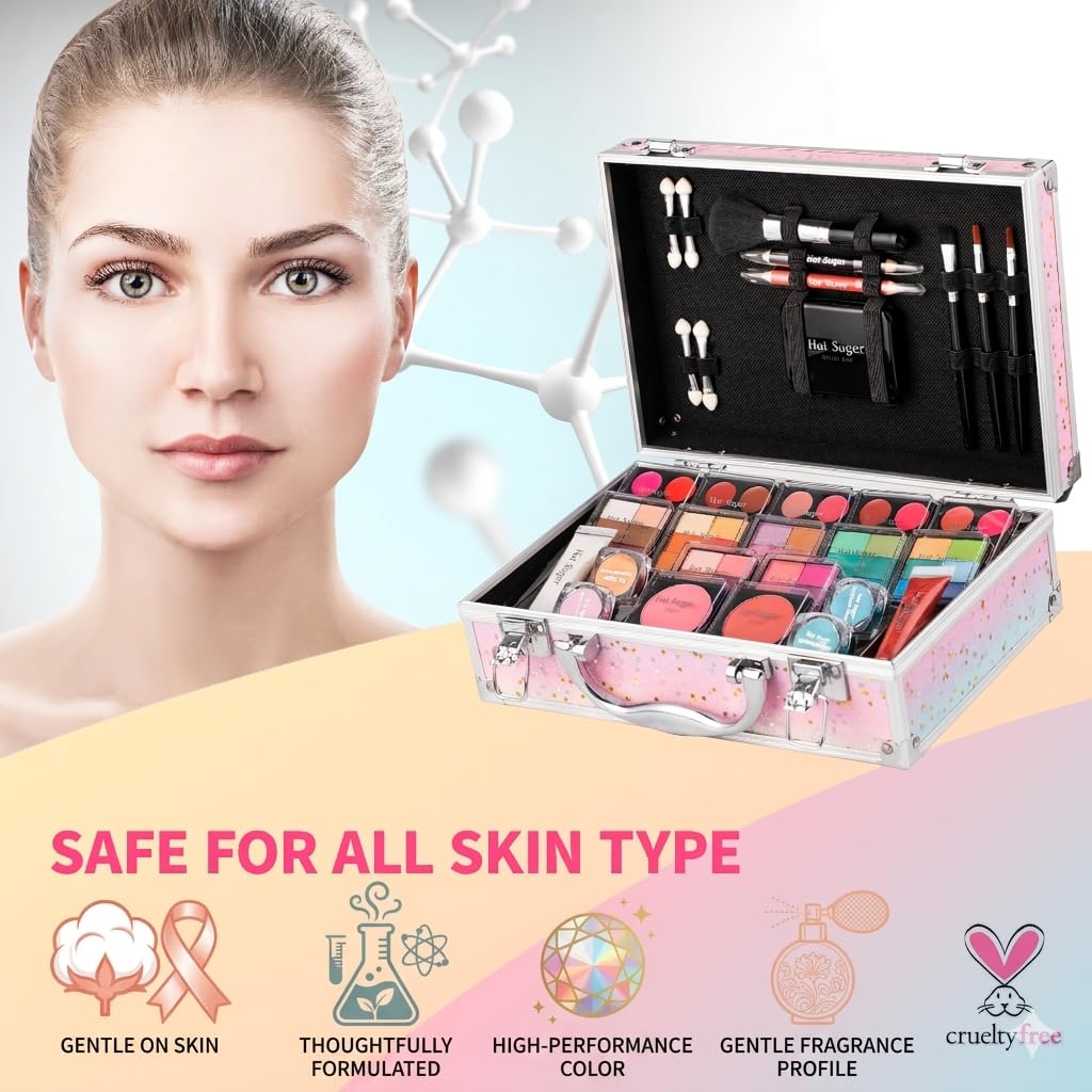 Hot Sugar Makeup Kit for Teenager Girls - Full Starter Cosmetics Set with Eye Shadow Lip Balm Blush Lip Gloss Brush Lip Pencil Eye Pencil and Mirror (Rainbow)