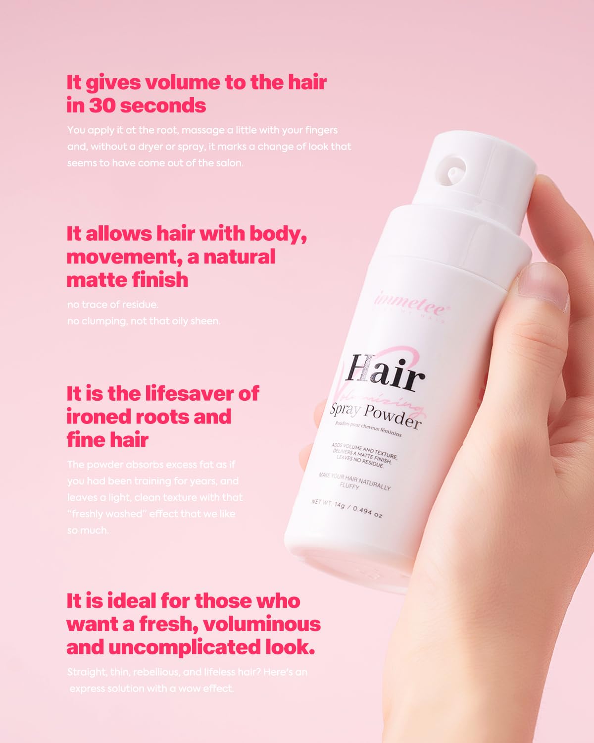 immetee Texture Powder, Volumizing Powder for Hair Volume & Texture, Opaque Effect & Natural Finish, Hair Volume Spray Root Lifting Powders 14g