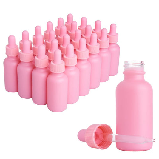 24 Pink Coated 1 oz Glass Boston Round Dropper Bottles For Essential Oils, Aromatherapy and Skin Care