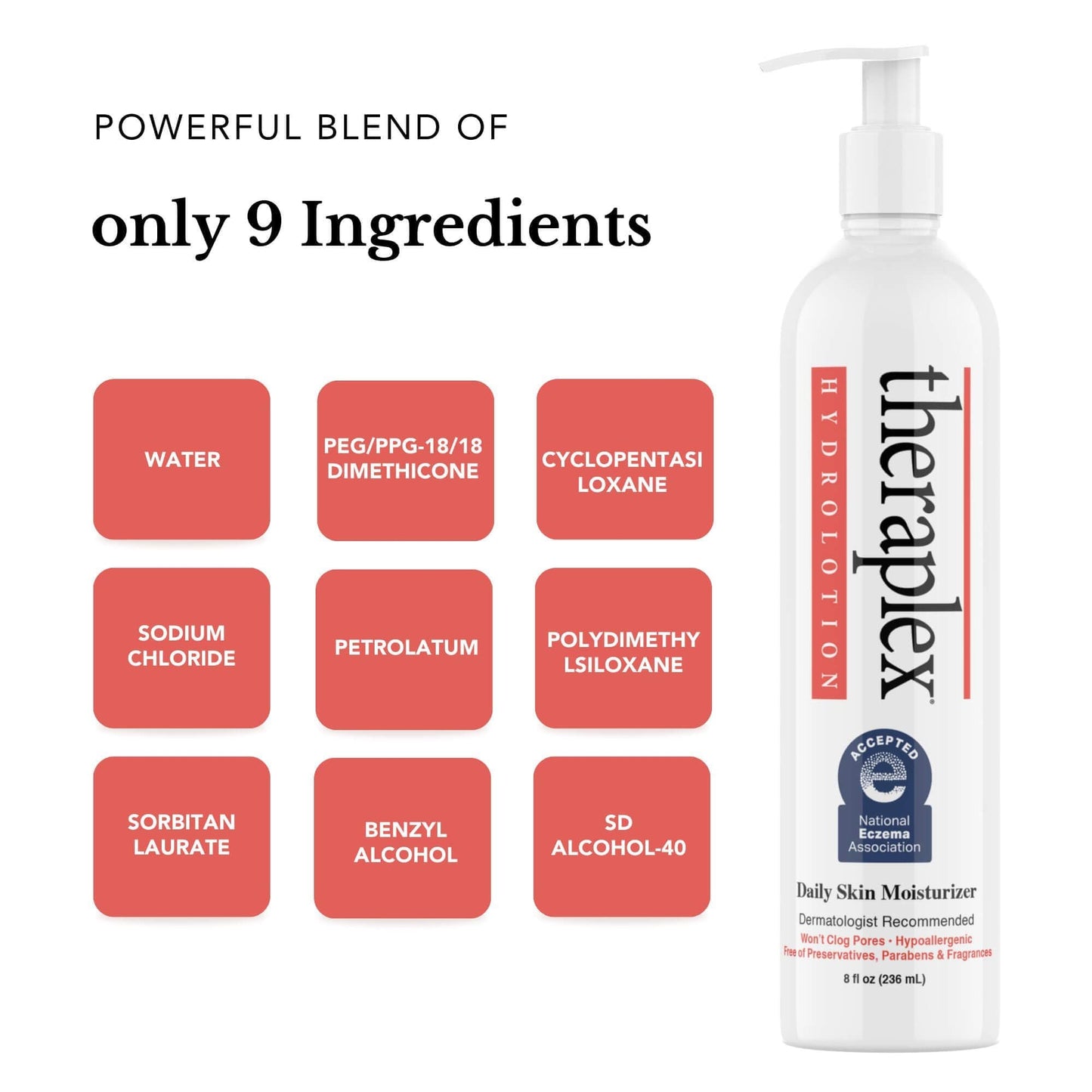 Theraplex Hydro Lotion (8 oz) - No Parabens or Preservatives, Noncomedogenic, and Hypoallergenic, Fragrance-Free, Dermatologist recommended - National Eczema Association Seal of Approval