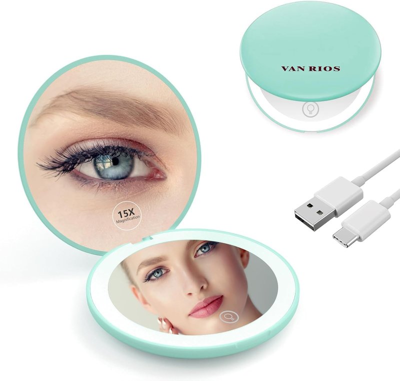15X Magnifying Pocket Mirror with LED Light - Compact 3.5-Inch Folding Travel Mirror | Ideal Gift for Women (Cyan)