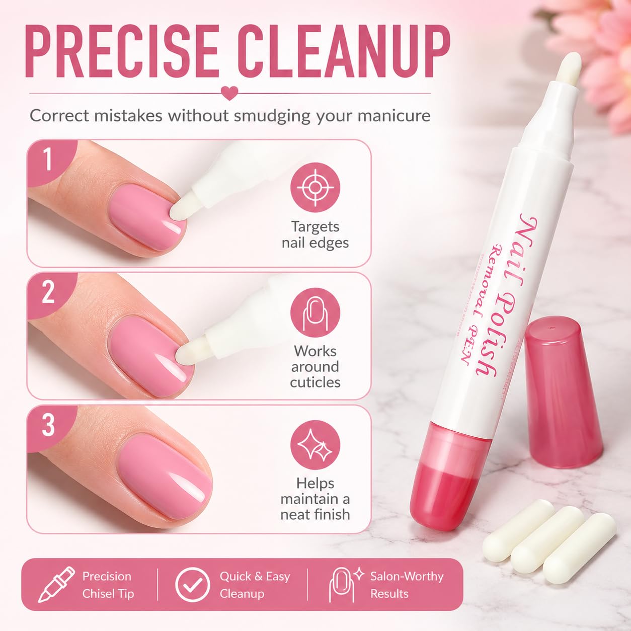 Nail Polish Corrector Pen with 3 Replaceable Tips - Manicure Tool for Quick Nail Art Mistakes Cleanup