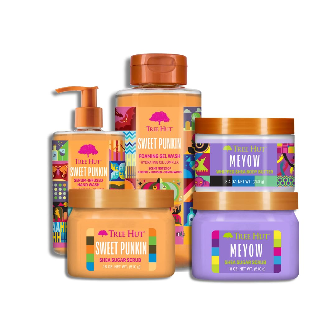 Tree Hut Fall Favorites Complete Bundle | Sweet Punkin Pumpkin & Meyow Scrubs, Body Washes & Body Butter | Ultimate Autumn Skincare Set | 5-Piece Gift Collection