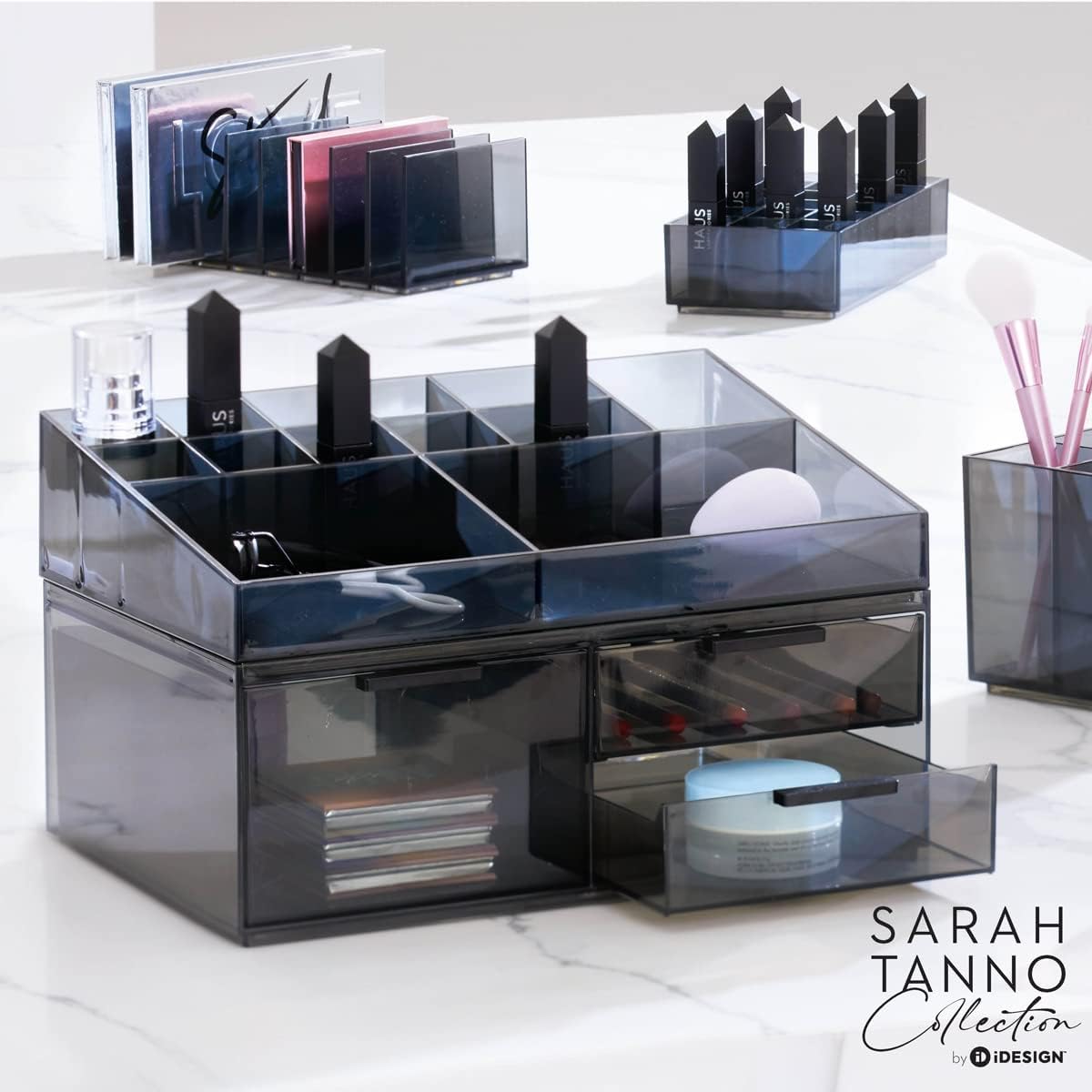 Plastic Cosmetic Organizer - iDesign Sarah Tanno Collection, Eco-Friendly Recycled Material | Smoke/Black 12 x 8 x 3