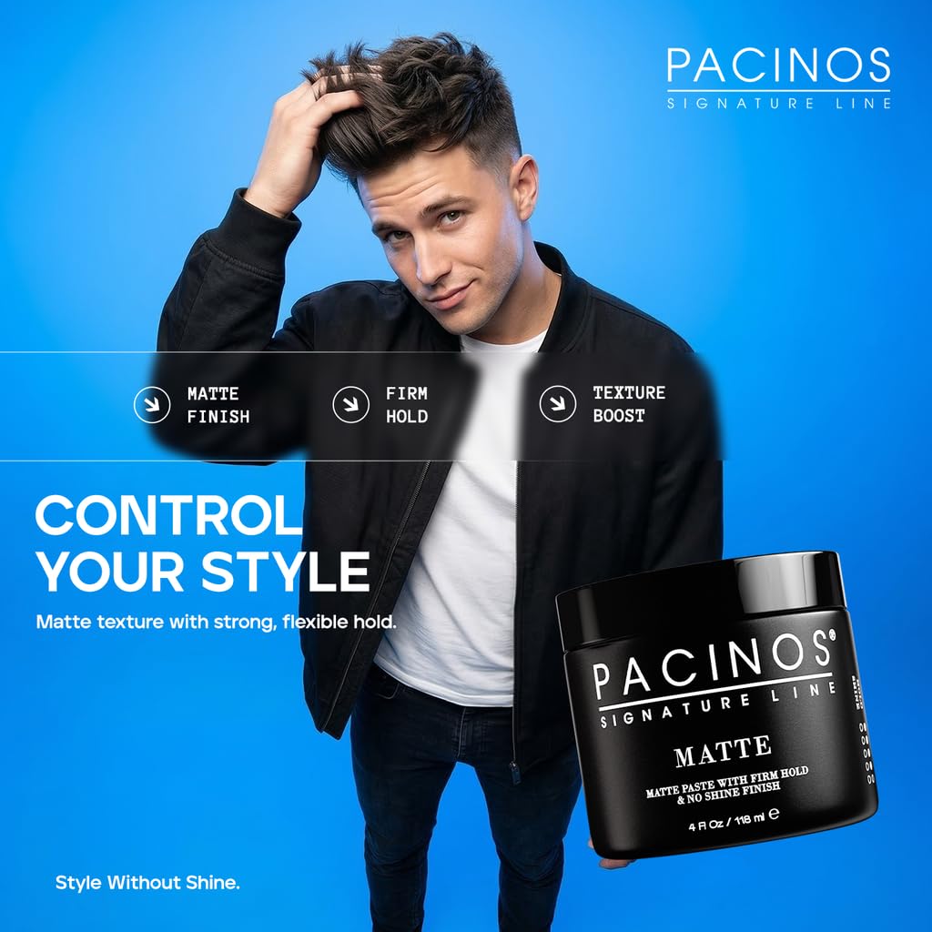 Pacinos Matte Hair Paste - Firm Hold, No Shine, Sculpting & Styling Wax, Long Lasting Definition & Texture, No Flakes, All Hair Types, 4 fl. oz.