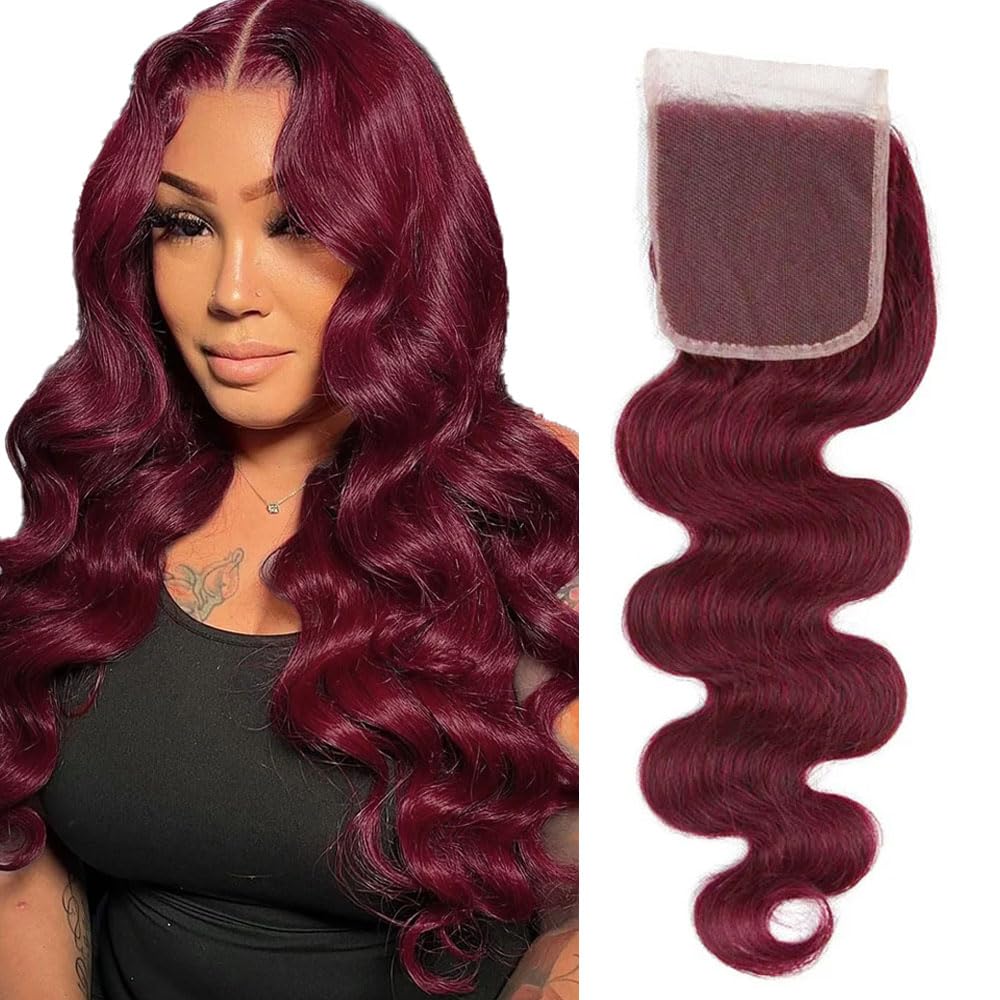 #99j Wine Red Lace Closure 4X4 HDTransparent Lace Front 24 Inch Brazilian Virgin Hair Free Part Pre Plucked 100% Burgundy Body Wave Lace Closure Human Hair Extensions