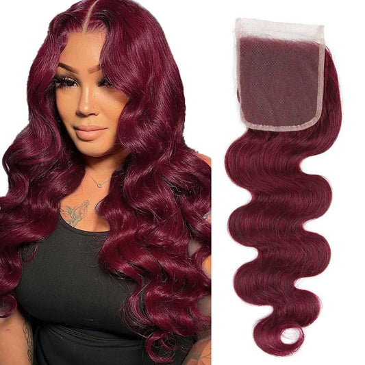 #99j Wine Red Lace Closure 4X4 HDTransparent Lace Front 24 Inch Brazilian Virgin Hair Free Part Pre Plucked 100% Burgundy Body Wave Lace Closure Human Hair Extensions