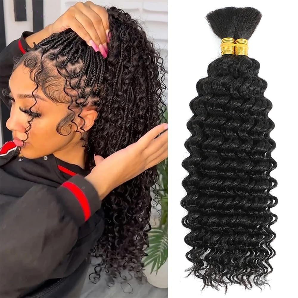 Human Braiding Hair 2 Bundles/Pack 100g Deep Wave Human Bulk Hair for Braiding No Weft 10A Brazilian Virgin braiding Hair for Boho Braids Extensions (Natural Color, 14 inch)