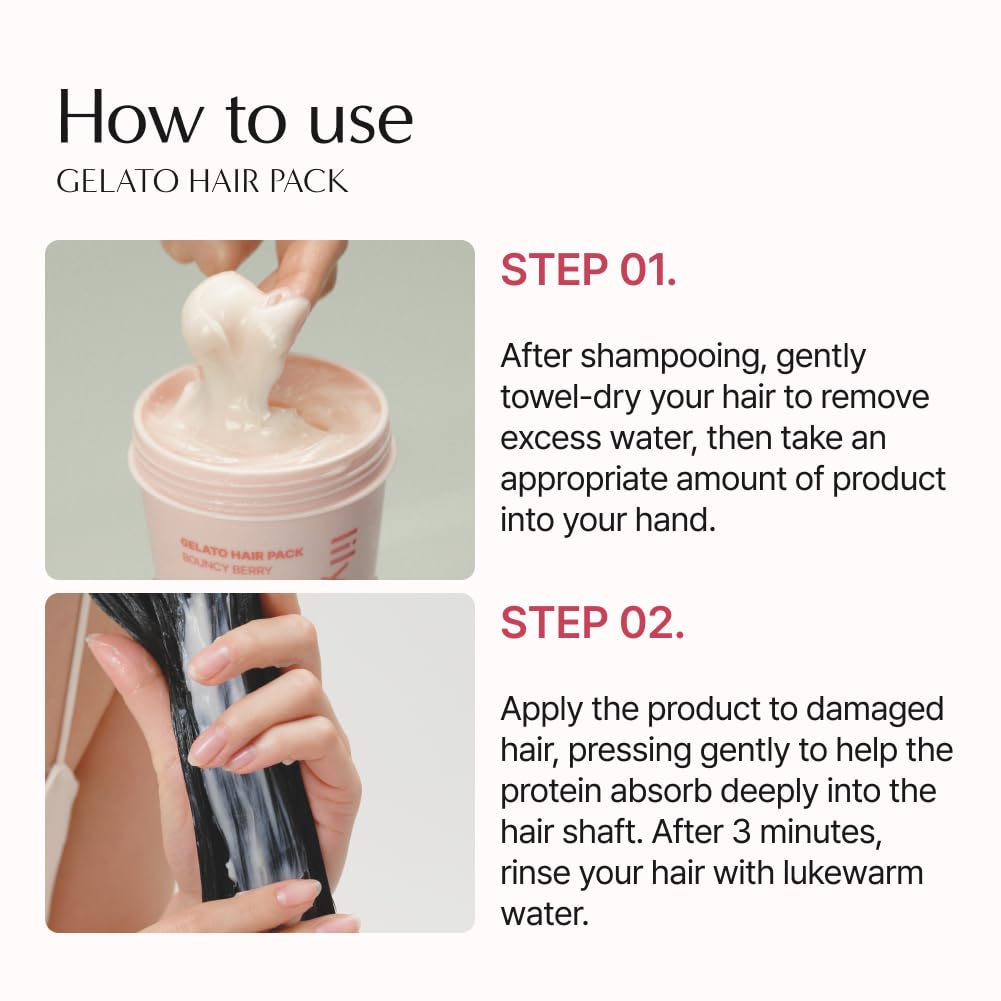 lilyeve REPAIRTURN Gelato Hair Pack, Milk, Egg & Protein for Hair Repair, Hair Mask for Split End Smoothing, Damaged Hair Treatment, Boost Hair Elasticity - Korean Hair Care, Bouncy Berry 6.76 fl.oz
