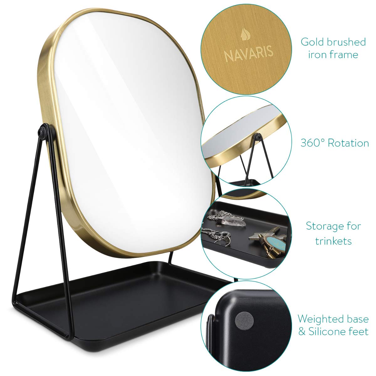 Navaris Vanity Mirror with Tray - Table Top Mirror with Metal Stand and Storage - 7" x 9" Mirror Size - For Makeup, Tabletop, Desk - Gold Finish