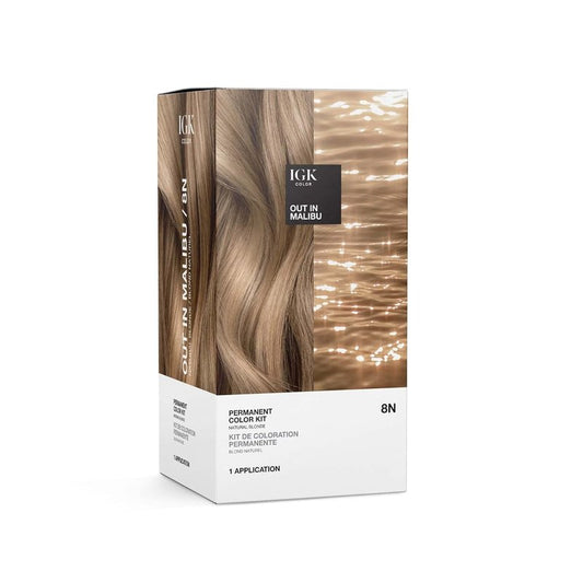 IGK Permanent Hair Color Kit | 8N Out in Malibu - Natural Blonde | 100% Gray Color Coverage + Strengthen + Shine | Ammonia Free