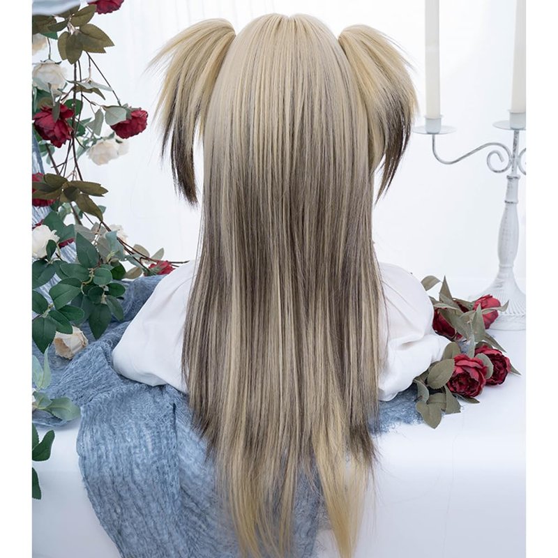VVRPWASSLY Women Linen Highlights Coffee Wig Clip on Pigtails Long Straight Hair with Bangs Synthetic Wig for Daily Party