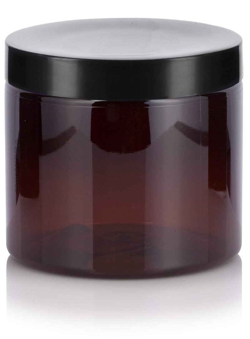 JUVITUS 16 oz Amber PET Plastic Refillable Jar With Black Smooth Lid (12 pack)