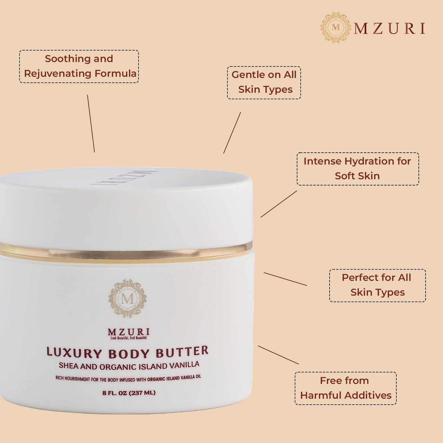 MZURI Body Butter, Whipped Shea and Island Vanilla Blend, Fast-Absorbing, Deep Moisturizing Cream with Essential Oils, Non-Greasy, Natural Skincare for Dry, Glowing Skin, Organic Butter - 8 Fl. Oz