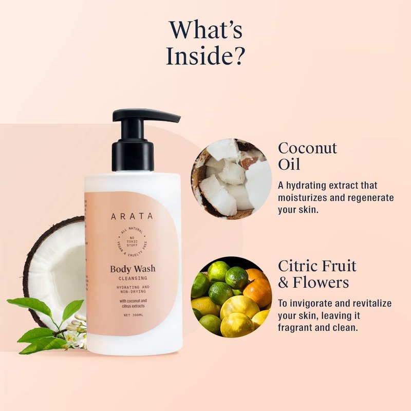 Arata Hydrating Body Wash - Ayurvedic Coconut & Citrus Formula | All-Natural, Vegan & Cruelty-Free | Gentle Cleanser for All Skin Types - 10 Fl Oz