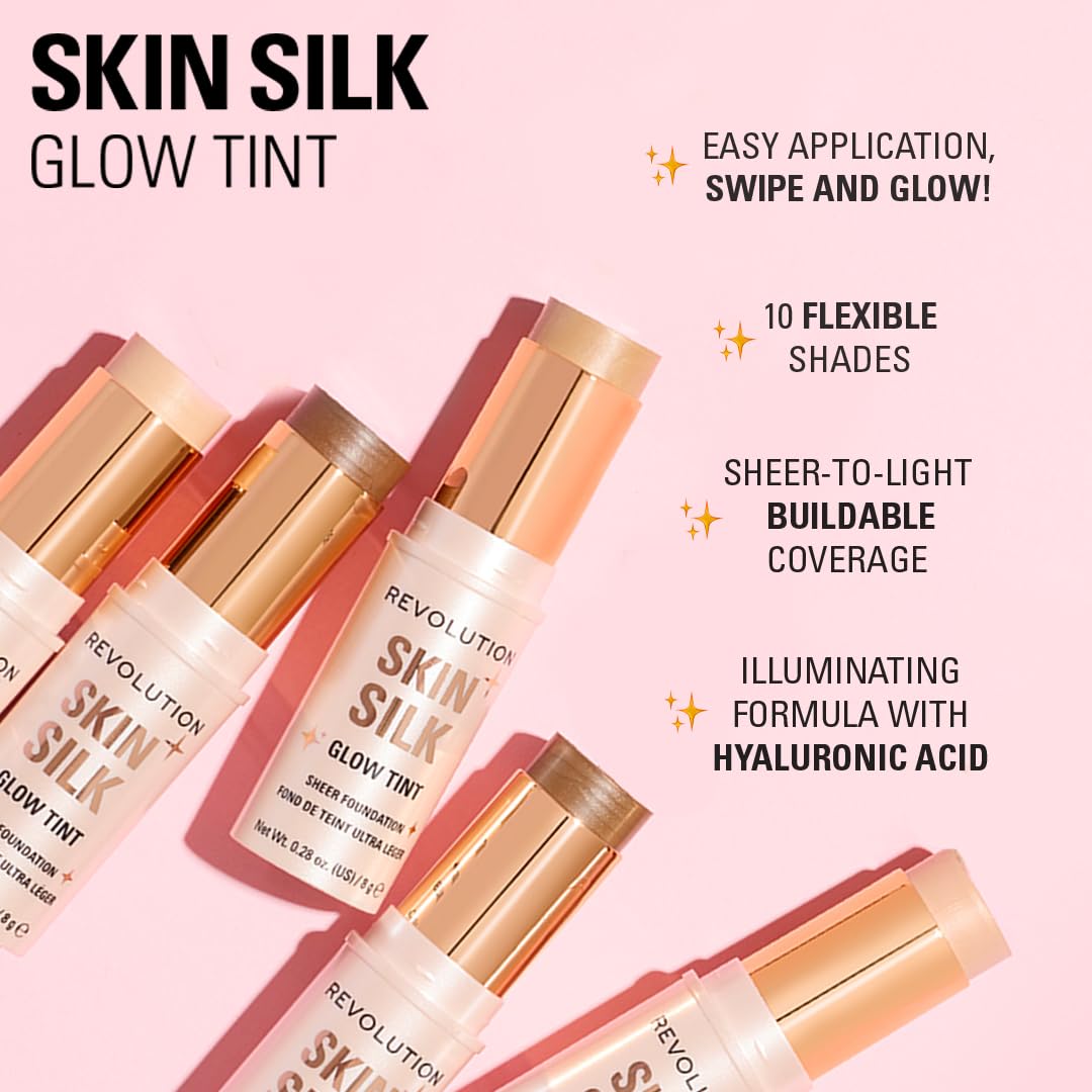 Revolution, Skin Silk Glow Tint Sheer Foundation Stick, Sheer-Light Coverage & Buildable for Even Complexion, Vegan & Cruelty-Free, Medium Neutral, 0.28 oz