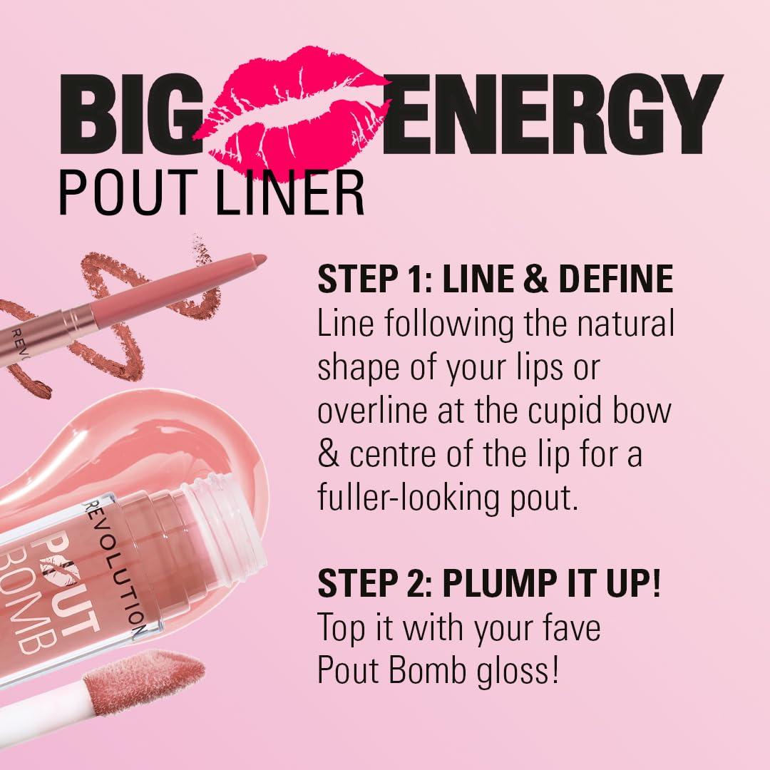 Revolution Beauty London, Pout Bomb Plumping Lip Liner, Long-Lasting Lip Shaper with Hyaluronic Acid & Vitamin E, Vegan & Cruelty-Free, Dark Mauve