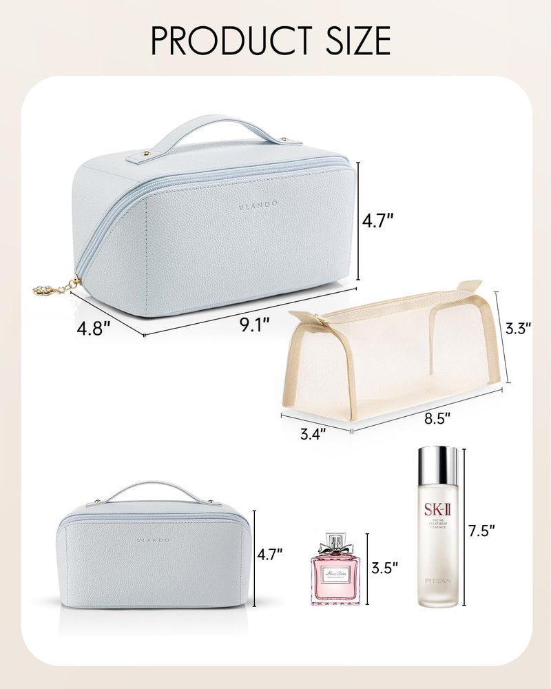 VLANDO Makeup Bag,Travel Toiletry Bag,Cosmetic Bag for Women PU Leather Portable Make up Bag for Skincare, Brushes & Travel Essentials-Baby Blue