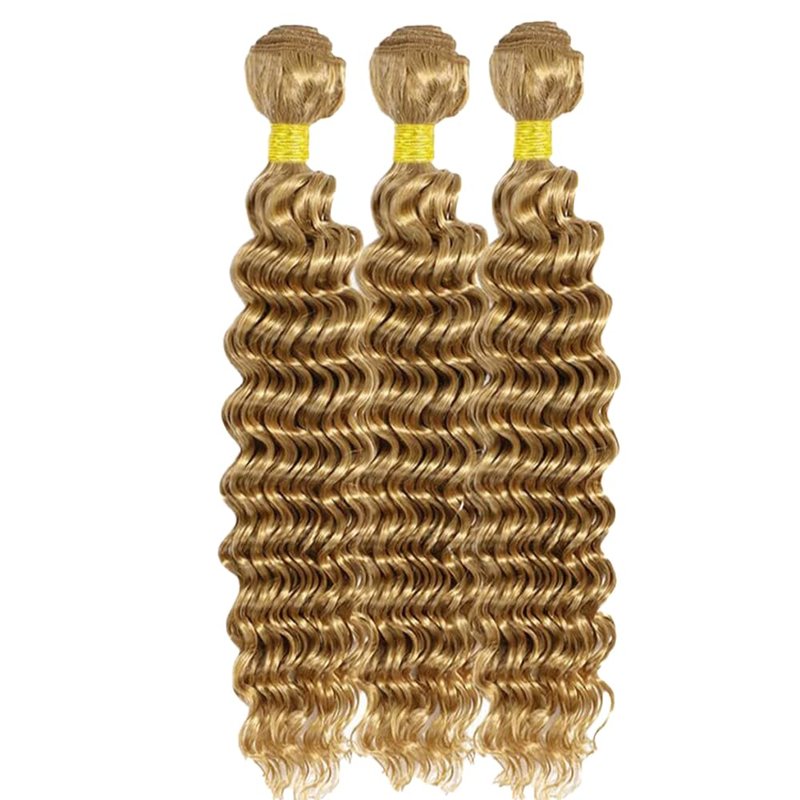 Honey Blonde Human Hair Bundles 14 16 18 Inch Deep Wave Bundles Human Hair Unprocessed Native Virgin Hair 100/PC 3 Extensions #27 Blonde Color Wet and Wavy Human Hair Extensions for Women