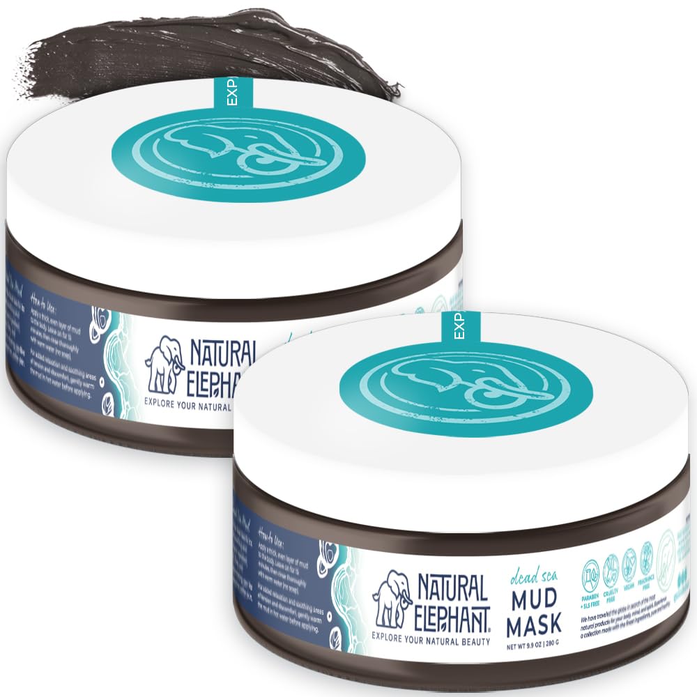 Natural Elephant Dead Sea Mud Mask - Deep Pore Cleansing for Face & Body - Acne, Blackheads, Oily Skin – 100% Natural Skin Care – Tightens Skin- for Woman and Men - 9oz (Pack of 2 (Two 9.9 oz Jars))