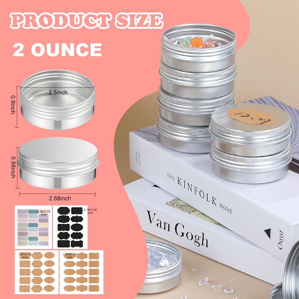 YQ 60 Pack 2oz Tins with Lids, Refillable Salve Tins, Thick 2 oz Tin with Labels, Screw Lid 2oz Tin, Aluminum Round Salve Containers for Lotions, Balms, Salve (Silver)