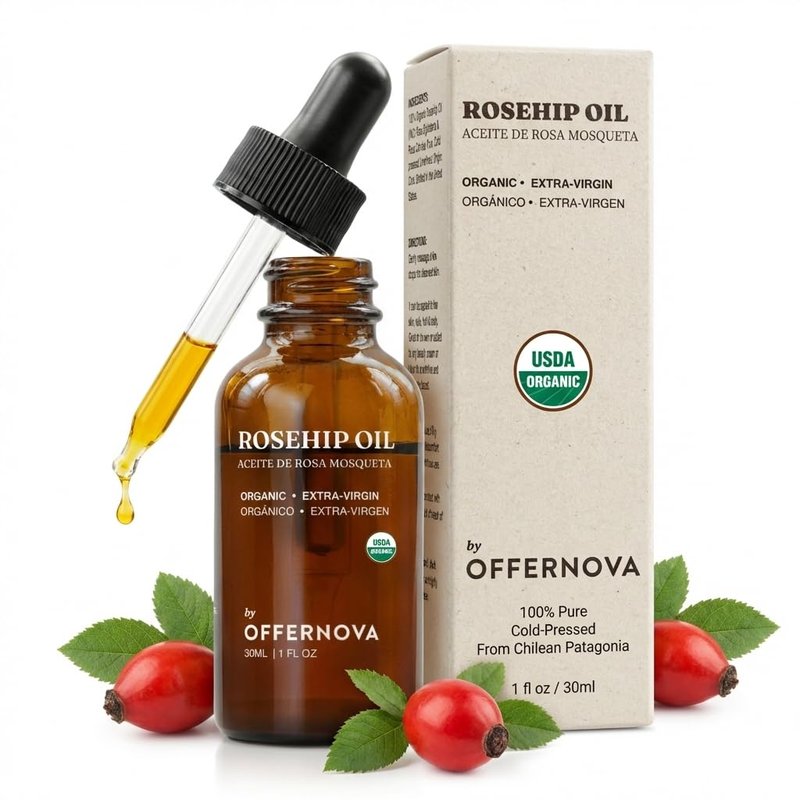 Offernova Organic Rosa de Mosqueta Oil - USDA Certified Rosehip Seed Oil Pure Cold Pressed, Repairs & Brightens Skin - Gua Sha Massage, Face, for All Skin Types - Aceite Facial 1OZ
