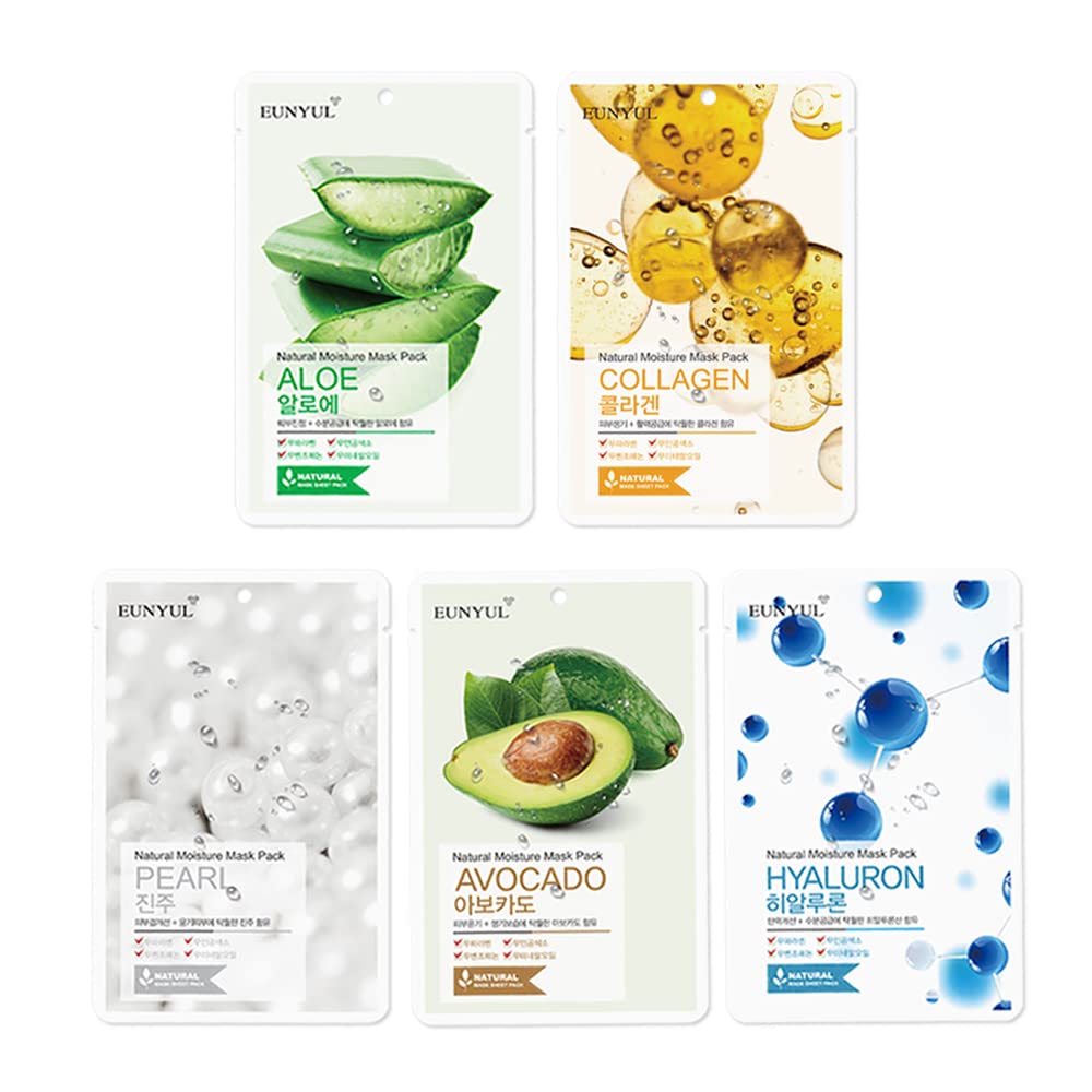 Natural Face Mask Sheet Set - 50 Pack of Korean Skincare Masks | Aloe, Collagen, Pearl, Hyaluron, Avocado