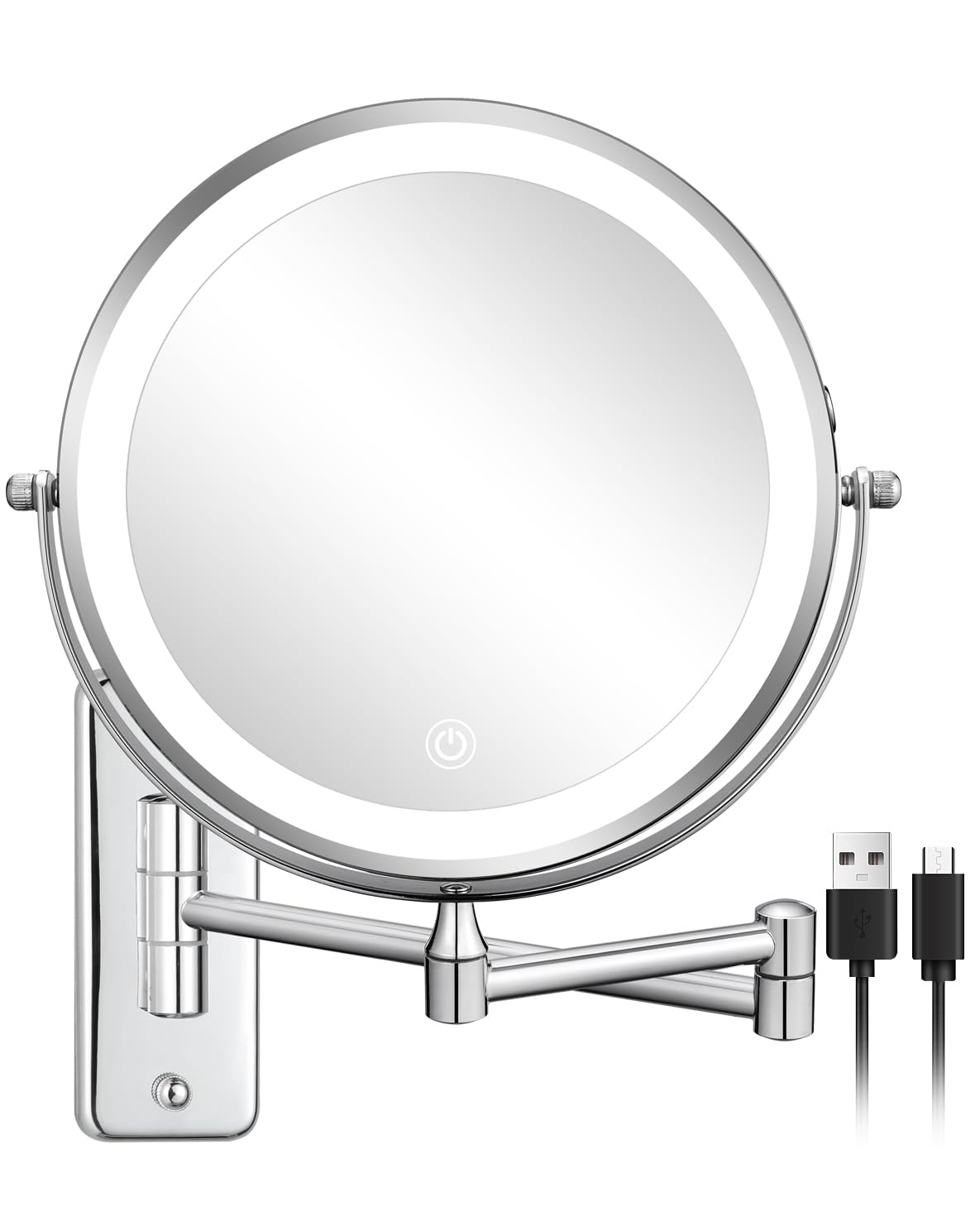 DECLUTTR Wall Mounted Lighted Makeup Mirror, Rechargeable 1X/15X Magnifying Mirror 8 Inch Double Sided, 3 Colors Vanity Mirror with Lights, Touch Dimmable 360° Rotation Foldable