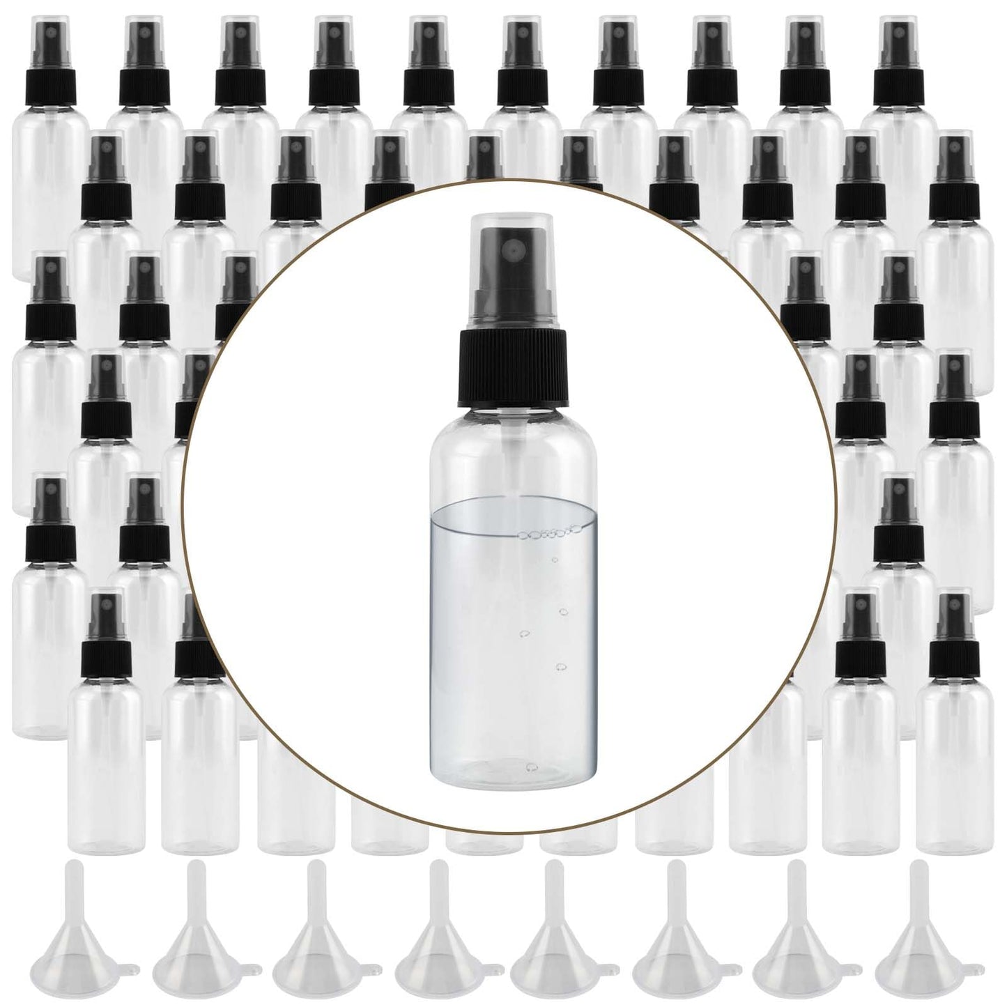 TAICHEUT 80 Pack 2oz/60ml Mini Spray Bottles, Clear Plastic Spray Bottles with Funnels Refillable Mist Spray Bottle for Perfume, Essential Oil and Short Trip