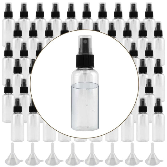 TAICHEUT 80 Pack 2oz/60ml Mini Spray Bottles, Clear Plastic Spray Bottles with Funnels Refillable Mist Spray Bottle for Perfume, Essential Oil and Short Trip