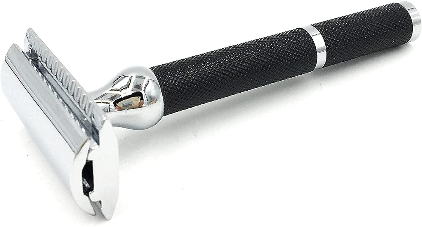 Parker 71R Medium Weight Long Handle Double Edge Safety Razor with 5 Parker Platinum Stainless Steel Razor Blades - Black Electroplated Brass Handle
