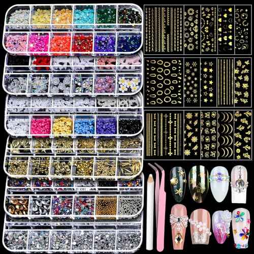 Teenitor Nail Charms Nail Gems with 15 Sheets Gold Nail Stickers, 6 Boxes of Rhinestones for Nails Art Tools, 3D Nail Decals Pearls for Nails