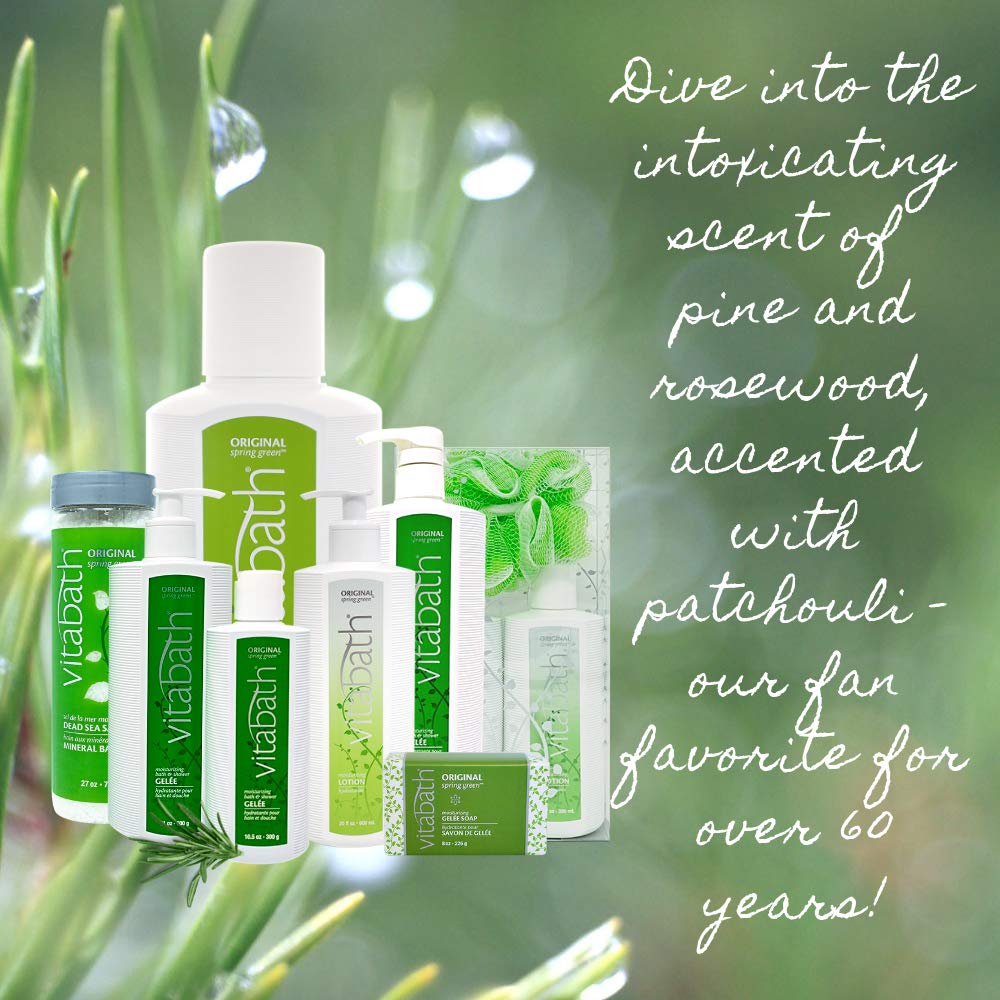 Vitabath | Original Spring Green Skincare Set - Moisturizing Shower Gel, Reviving Lotion & Exfoliating Pouf for Men & Women