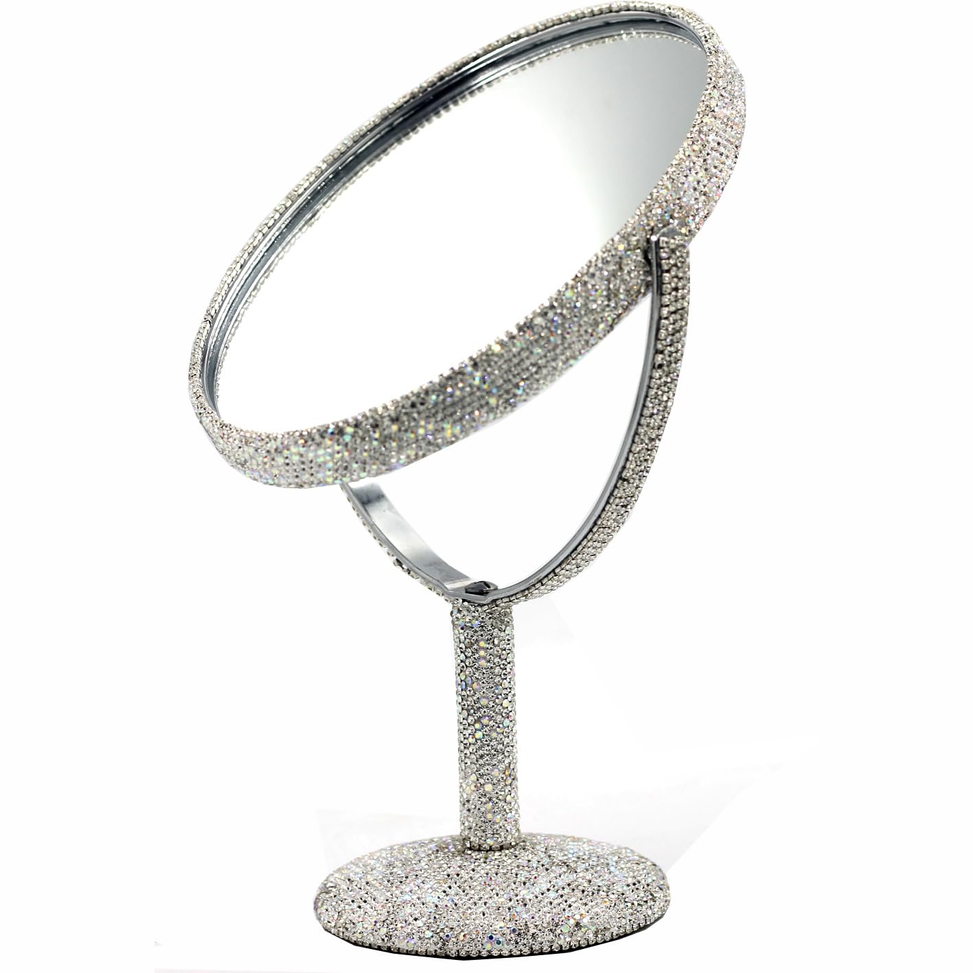 Bestbling Bling Bling 6-Inch Double-Sided Tabletop Makeup Mirror, Oval Metal Makeup Mirror with 1:2 Magnifying Mirror, Rotating Mirror for Vanity (Silver)