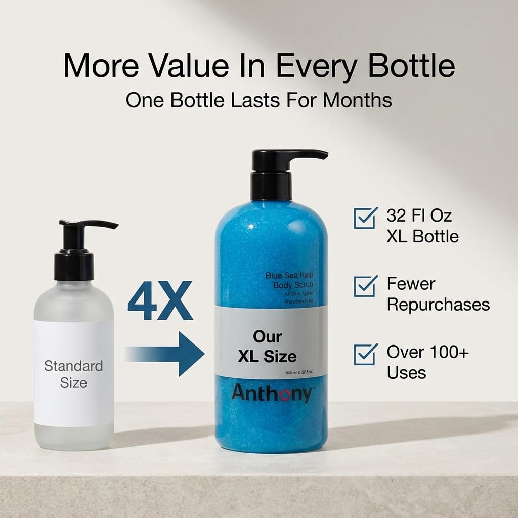 Anthony Exfoliating Body Scrub, Sea Salt, Vitamin C & Aloe Vera, Deep Cleans, Smooths Rough Patches, Soothes & Protects Skin, Hydrating Blue Sea Kelp Body Wash, 32 Fl Oz