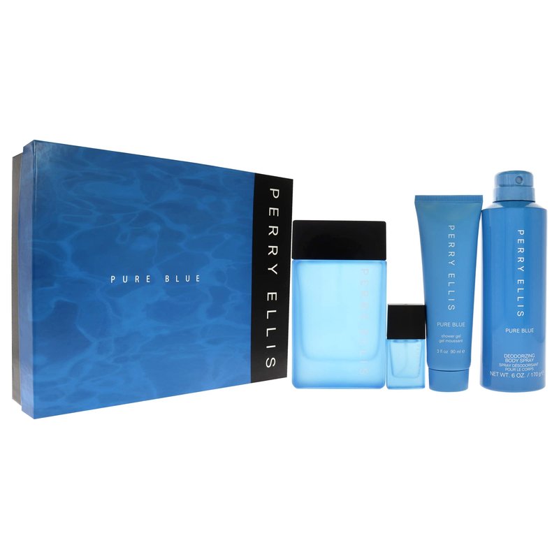 Perry Ellis Perry Ellis Pure Blue 3.4oz EDT Spray, 3oz Shower Gel, 6oz Deodorant Body Spray, 7.5ml Travel EDT Spray Men 4 Pc Gift Set