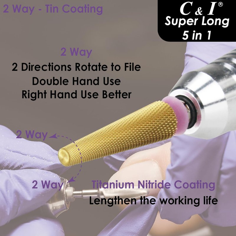 C & I Nail Drill Bit Upgrade 5 in 1 Super Long E-File for Manicure Drill Machine, Special Remove Extension Nails, Fake Acrylic Nails, Nail Gels, Cross Cut Efile for Nail Techs (Coarse -C)