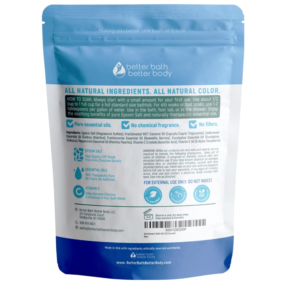 Gentleman's Bath Salt 32 Ounces (2 Lbs) Epsom Salt Soak for Men with Natural Cedarwood and Frankincense Essential Oils Plus Vitamin C in BPA Free Pouch with Easy Press Lock Seal Made in USA
