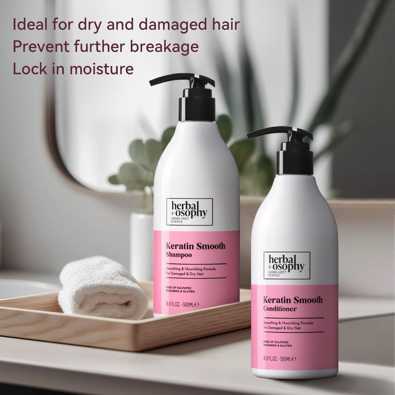 Herbalosophy Keratin Shampoo & Conditioner Set, Nourishing & Moisturizing Formula for Damaged & Dry Hair, Highly Hydrate & Repair for Color Treated Hair, Sulfate,Parabens & Gluten Free, 2 x 16.9 Fl Oz