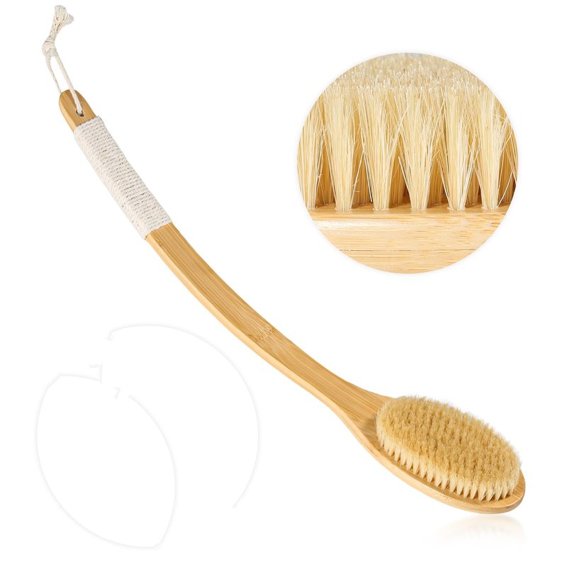 Bath Body Brush Shower, 22" Super Long Curved Bamboo Handle Antiskid Back Body Scrubber Wet/Dry Brushing, Moderately Soft Natural Bristle Body Brush for Showering