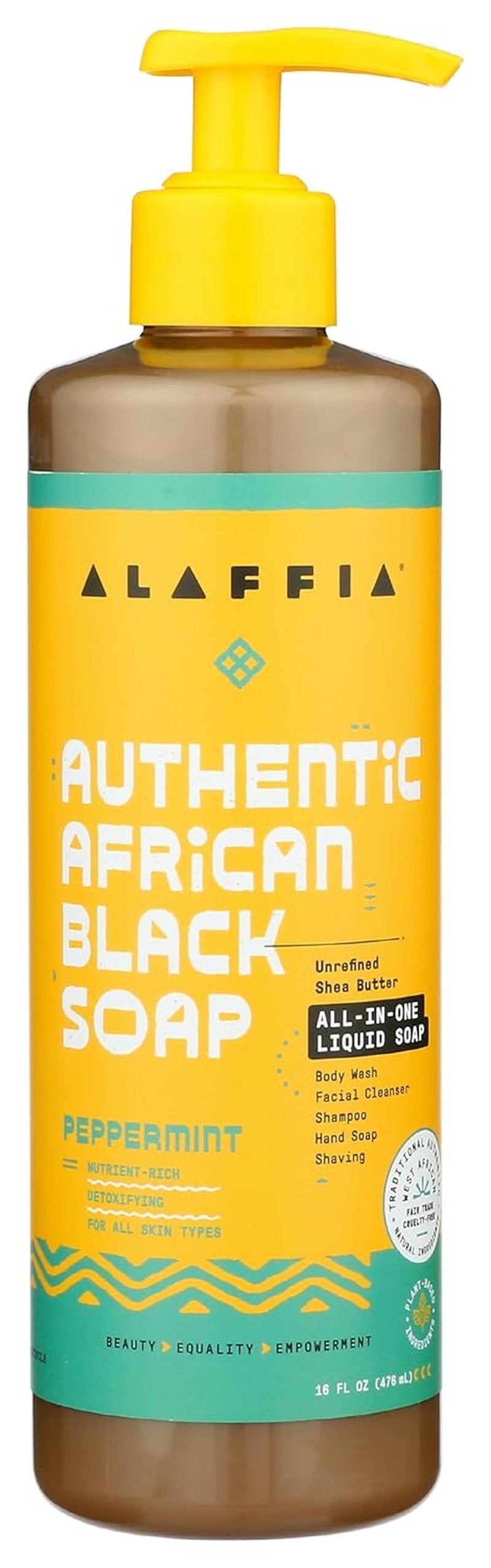Alaffia Authentic African Black Soap - All-in-One Body Wash & Shampoo | Peppermint, 16 Oz, Fair Trade