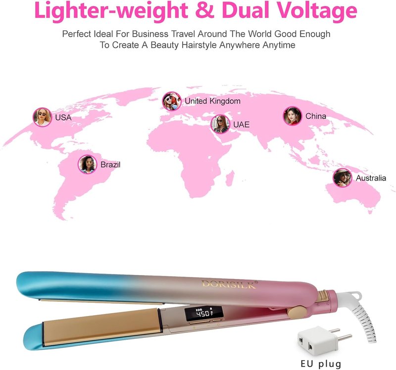 DORISILK 2-in-1 Ceramic Hair Straightener & Curler - 450°F Fast Heat, 1-Inch Dual Voltage for Women & Girls