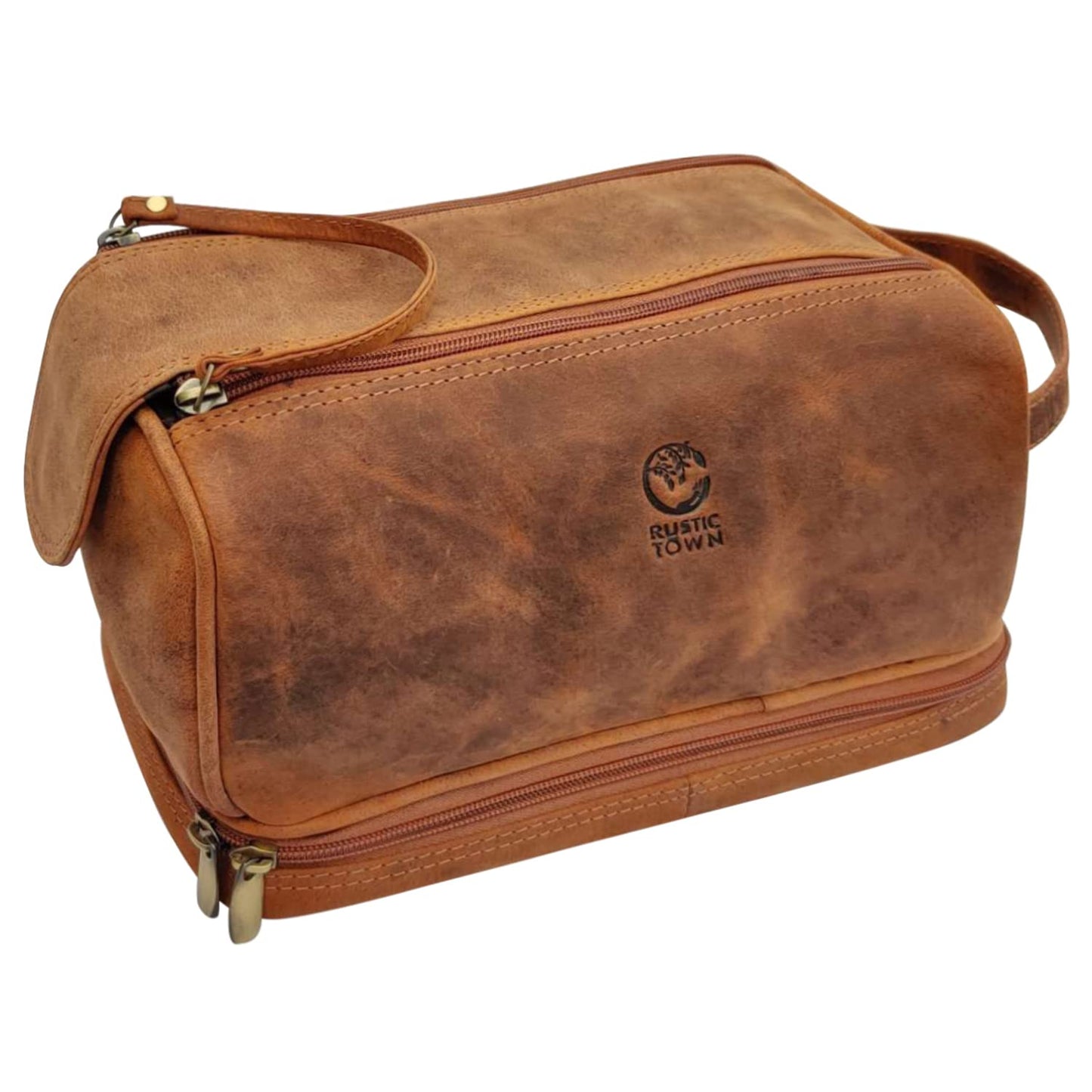 RusticTown Leather Toiletry Bag for Men - Travel Shaving Dopp Kit - Bathroom Shower Toiletries Organizer - Cosmetic Make up Bag for Women, Cognac, M, Mens Travel Toiletry Kit Bag, Cognac, M, Mens