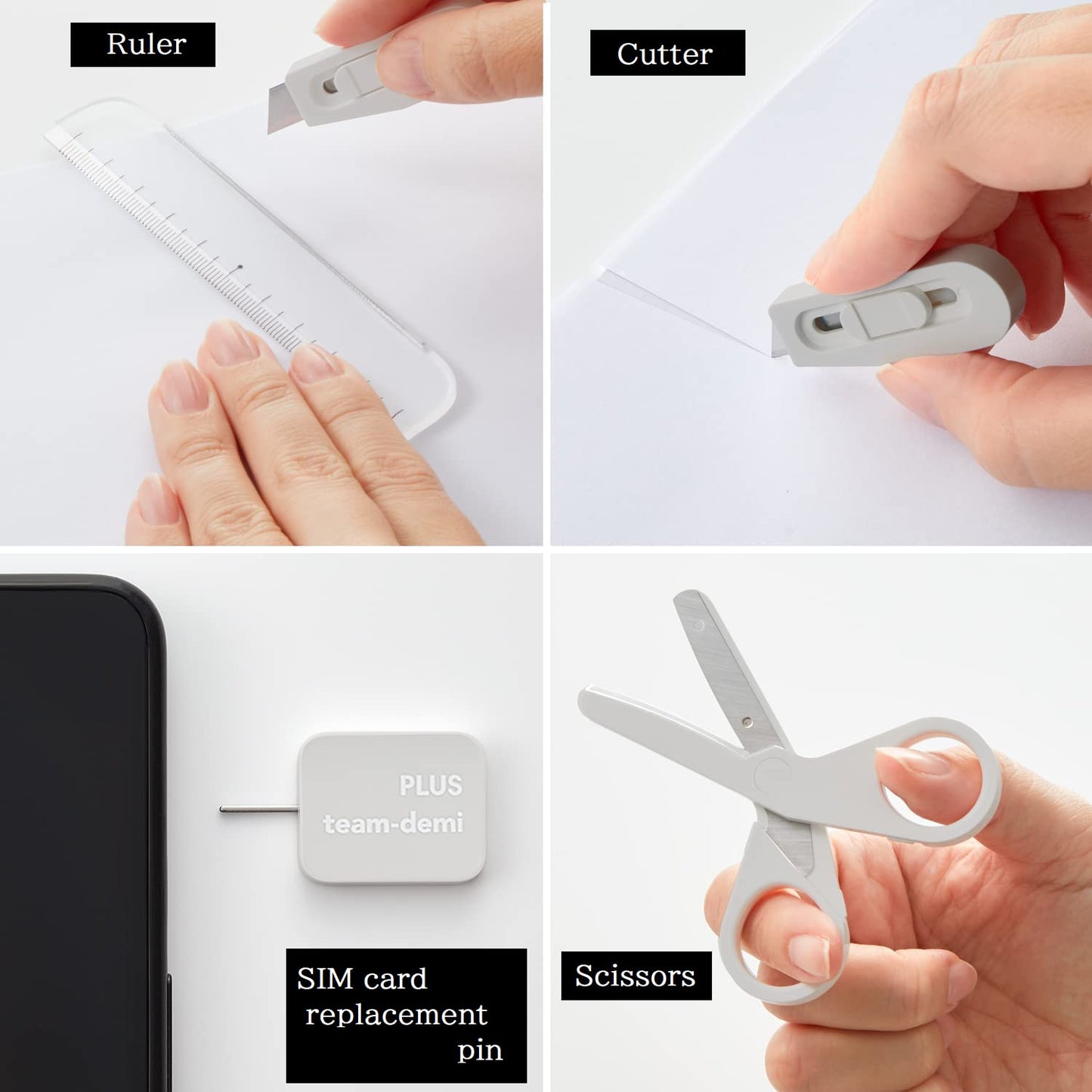 team-demi Plus Stationery Kit White (Scissors, stapler, tape, liquid glue, cutter, ruler, tape measure, pin for SIM card replacement) TD-001 30-210 With Original Stylus Ballpoint Touch Pen