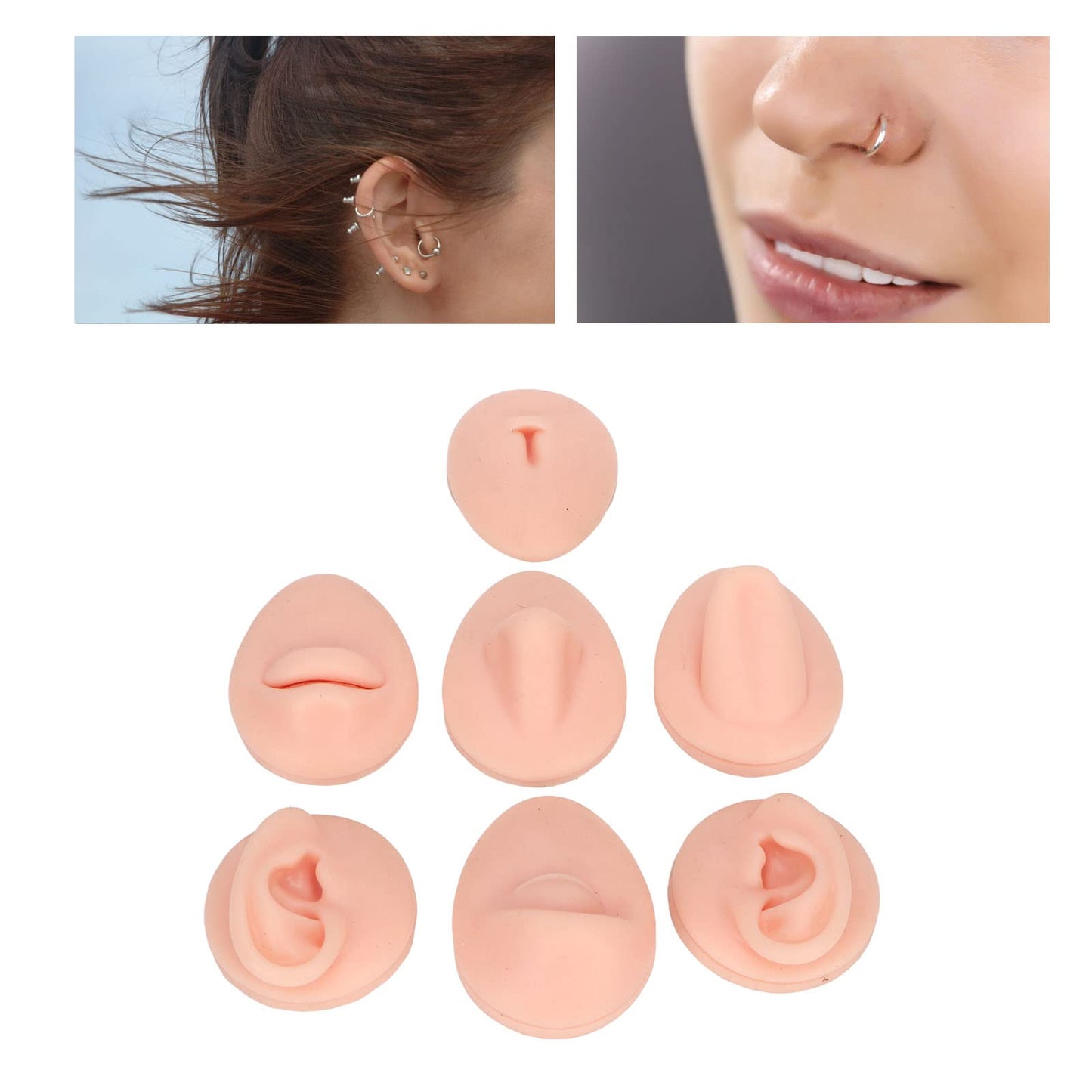 7PCS Piercing Practice Body Parts, Silicone Body Parts for Piercing Kit, Fake Body Parts, Soft Silicone Ear Mouth Nose Eye Tongue Navel Model (Light Skin)